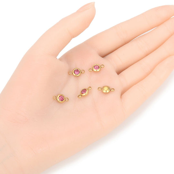 10pcs Grade A July Ruby Birthstone Links, 18K Yellow Gold Plated Stainless Steel, Tarnish Resistant, 6mm, CCP35-7
