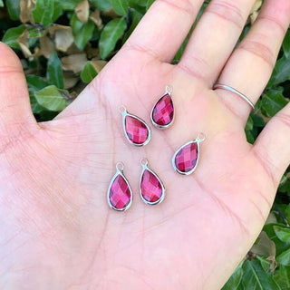 10pcs Grade A July Ruby Teardrop Birthstone Charm Drop, Sterling Silver Plated Brass, Size Selections: 11x7mm, 14x8mm, 16x9mm