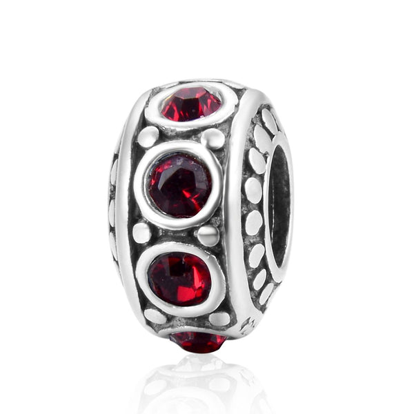 1pc 925 Sterling Silver January Birthstone Bead Charm, Siam Red Garnet Cubic Zirconia CZ, 11x6.8mm, Hole ID 4.5mm, EC1-A1
