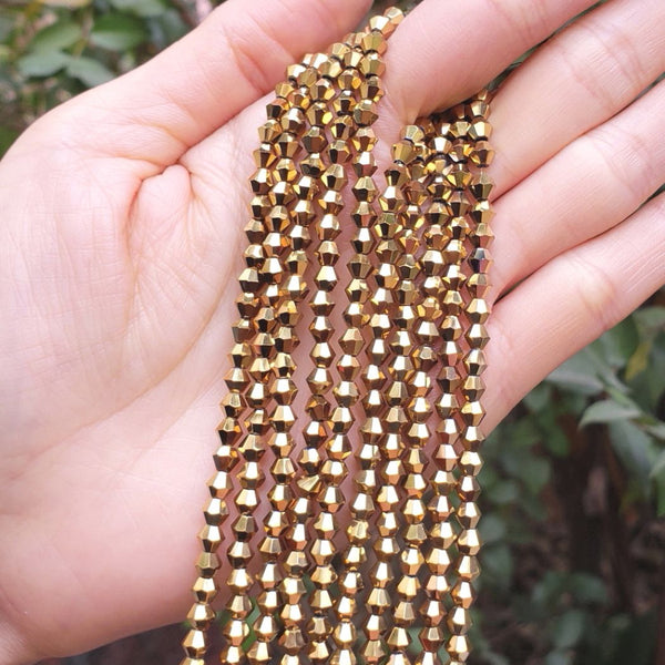 500pcs Creative Club Faceted Bicone Crystal Glass Beads, Gold Aurum, 4mm (0.16 Inch) Small Tiny, Hole ID 0.9mm, CCB433
