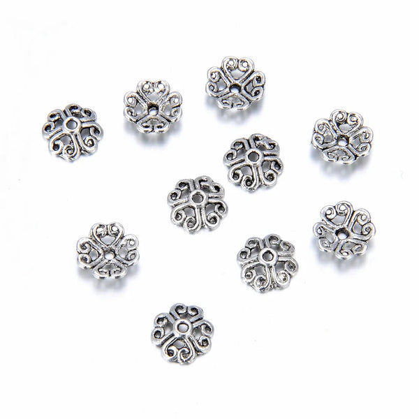 200pcs Heart Petal Flower Bead Caps, 8mm Bead End Caps, Antique Silver, MC-AB11