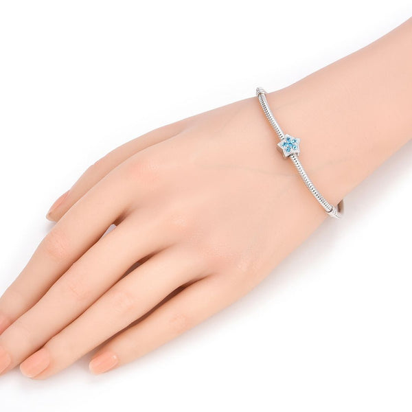 1pc 925 Sterling Silver Star Charm March Birthstone Bead Charm, Blue Aquamarine Cubic Zirconia CZ, 10x9.5mm, Hole ID 4.5mm, EC1-K3