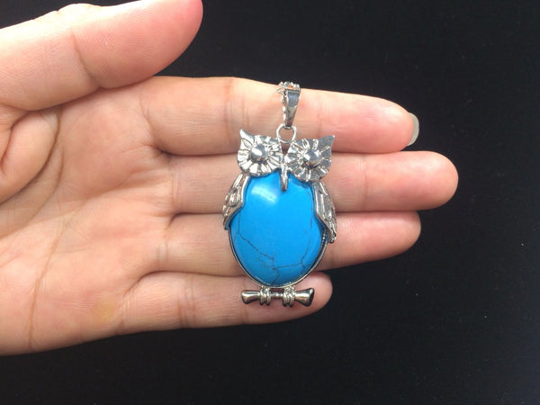 1pc Natural Blue Howlite Imitation Turquoise Gemstone Owl Pendant Necklace, 18 Inch Surgical Stainless Steel Chain, GGP-F6