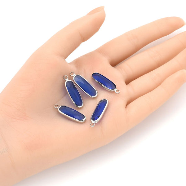 10pcs Grade A September Sapphire Blue Rectangle Bar Birthstone Charm Drops, Sterling Silver Plated Brass, 21x7mm, CCP8-S9