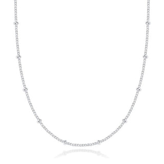 1pc 925 Sterling Silver Bead Station Curb Link Chain Necklace, 1.9mm Beads, Thin Small, Length Selections: 16/18/20/22/24/26/28 Inch