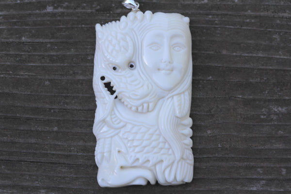 1pc Beautiful Dragon Goddess Hand Carved White Buffalo Bone Drop Pendant, Symbol of Strength Prosperity Pendant, with Sterling Silver Bail, 2.2 Inch, BP-69