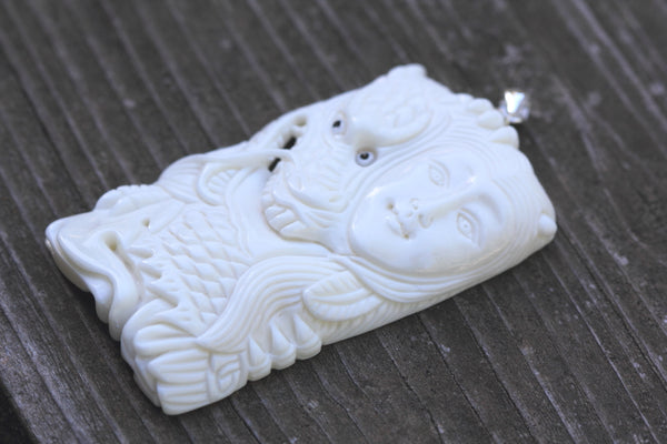 1pc Beautiful Dragon Goddess Hand Carved White Buffalo Bone Drop Pendant, Symbol of Strength Prosperity Pendant, with Sterling Silver Bail, 2.2 Inch, BP-69