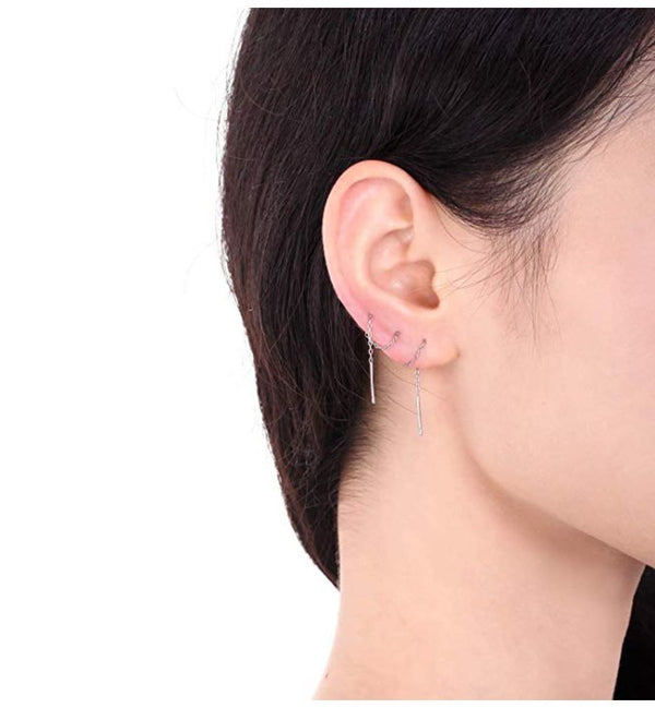 1 Pair 925 Sterling Silver Threader Earrings, Pull Through Dangle Cable Chain with Bar Pin Drop, Length Selections: 2/3/4/5/6 Inch