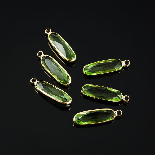 10pcs Grade A August Peridot Green Rectangle Bar Birthstone Charm Drops, 18K Yellow Gold Plated Brass, 21x7mm, CCP8-G8