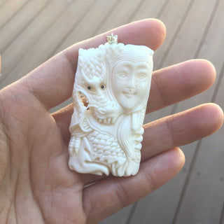 1pc Beautiful Dragon Goddess Hand Carved White Buffalo Bone Drop Pendant, Symbol of Strength Prosperity Pendant, with Sterling Silver Bail, 2.2 Inch, BP-69
