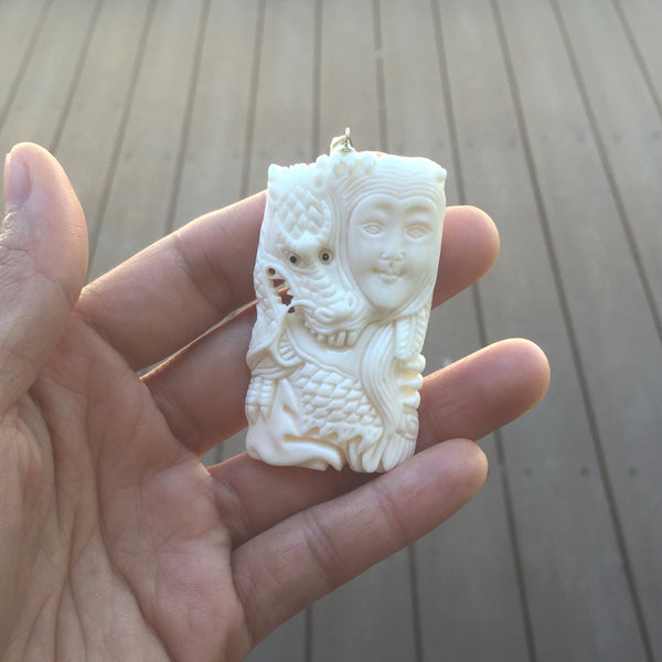 1pc Beautiful Dragon Goddess Hand Carved White Buffalo Bone Drop Pendant, Symbol of Strength Prosperity Pendant, with Sterling Silver Bail, 2.2 Inch, BP-69