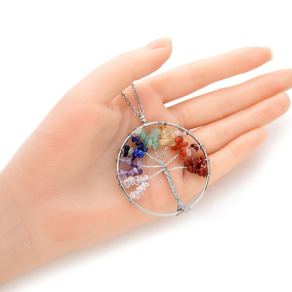 1pc Tree of Life Prosperity Necklace, Natural Seven Chakra Stone Gemstone Pendant, 26 inch Surgical Stainless Steel Chain, GGP9-1