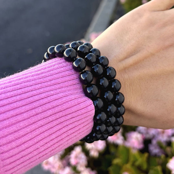 1 Strand Stretch Natural Grade A Black Tourmaline Beaded Gemstone Bracelet, 8mm Bead, Length Selections: 7 inch/7.5 inch/8 inch/8.5 inch