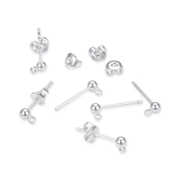 40pcs Ball Earring Posts, Closed Ring, with 40pcs Earring Backs, Sterling Silver Plated Brass, Ball Size Selections: 3mm/3.5mm/4mm/5mm