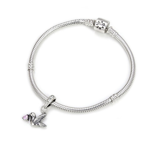 1pc 925 Sterling Silver Bird Charm, Freedom Lover October Birthstone Charm Drop, Pink Tourmaline Cubic Zirconia CZ, 20mm Long, Hole ID 4.5mm, EC1-D10