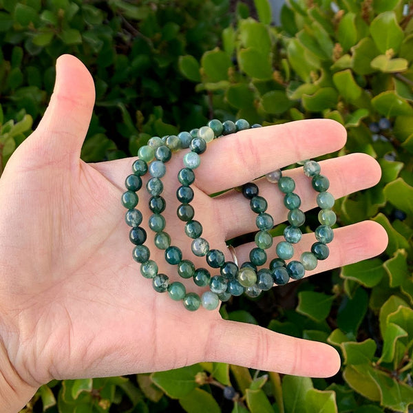 1 Strand Stretch Natural Moss Agate Beaded Gemstone Bracelet, 6mm Beads, Length Selections: 7 inch/7.5 inch/8 inch