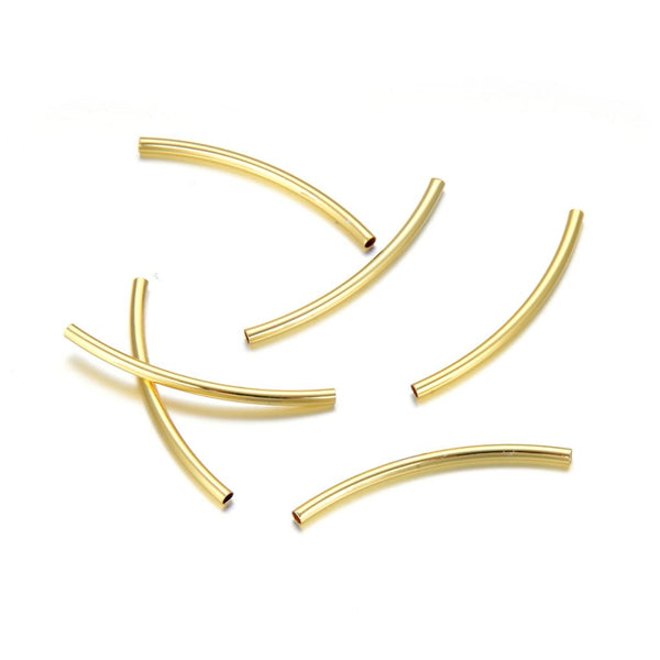 20pcs Tarnish Resistant Curved Noodle Tubes, 18K Yellow Gold Plated Brass, Hole ID 1.5mm, Length Selections: 25/30/35/40/50mm