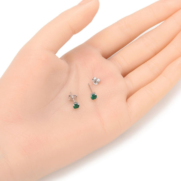 1 Pair 925 Sterling Silver May Birthstone Round Cut Stud Earrings, 4mm/0.25 Carat Small Tiny Cubic Zirconia CZ Green Emerald Stone, SSE78-5