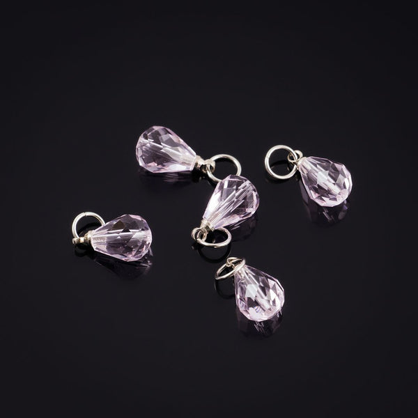 5pcs October Birthstone Charm Drops, 10mm Pink Austrian Teardrop Crystal Beads, Sterling Silver Plated Open Jump Rings, BR6-10