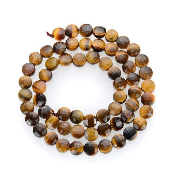 Natural Yellow Tiger Eye Gemstone Faceted Flat Round Coin Beads, 6mm, Hole ID 1mm, 15 Inch/1 Strand, GZ13-10