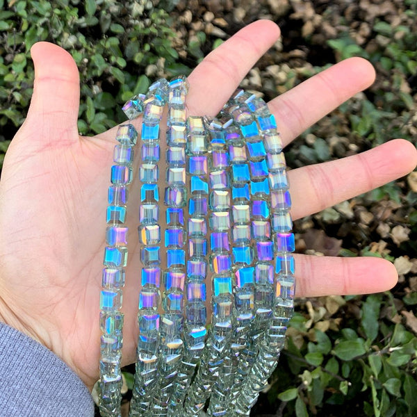 100pcs Creative Club Faceted Cube Crystal Glass Beads, Peridot Shimmer, 8mm, Hole ID 1mm, CCC836