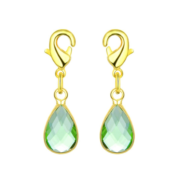 2pcs Clip On Dangle August Peridot Green Birthstone Charm Drops, Tarnish Resistant, 18K Yellow Gold Plated Lobster Clasp, BL8-8
