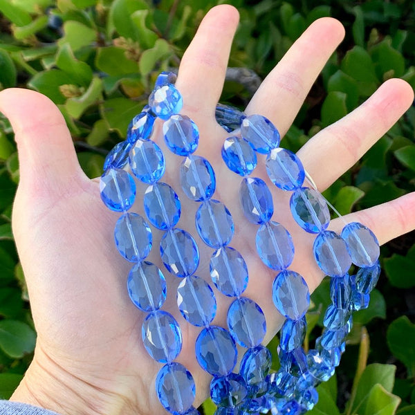 50pcs Creative Club Faceted Flat Oval Crystal Beads, Light Sapphire Blue, 16x12mm/Large, Hole ID 1.1mm, CCO-14