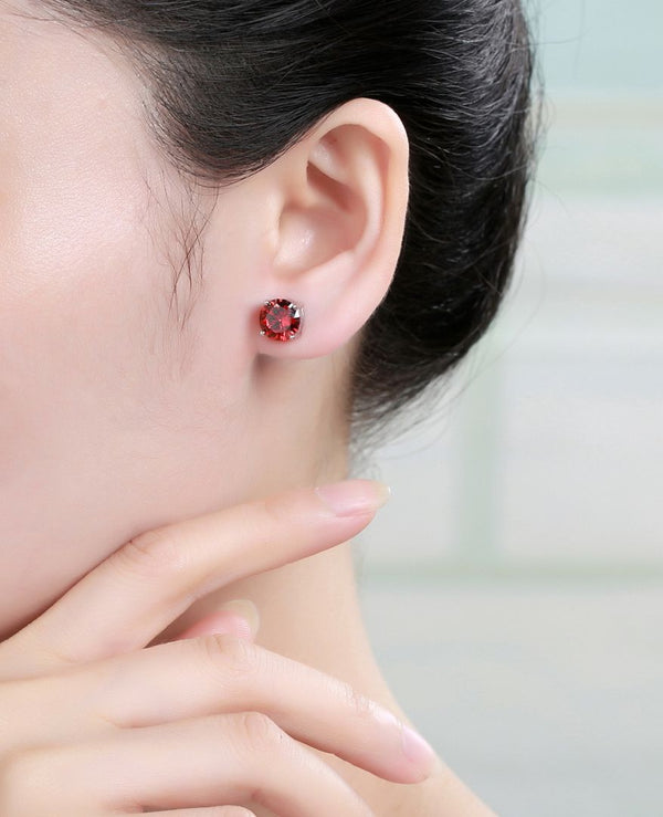 1 Pair 925 Sterling Silver January Birthstone Round Cut Stud Earrings, 8mm/2 Carat Cubic Zirconia CZ Garnet Stone, SSE49-1