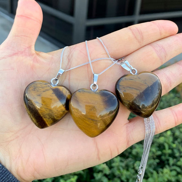 1pc You Are My Only Love Necklace, Natural Brown Yellow Tiger Eye Gemstone Large Heart Pendant, 18 Inch Surgical Stainless Steel Chain, GGP8-1