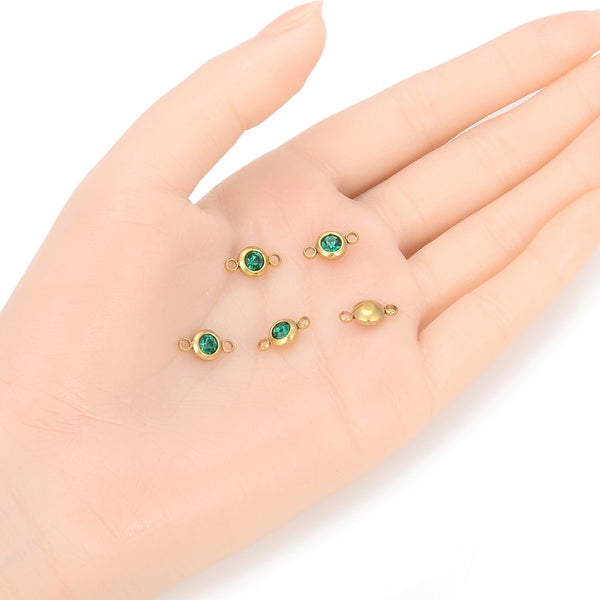 10pcs Grade A May Emerald Green Birthstone Links, 18K Yellow Gold Plated Stainless Steel, Tarnish Resistant, 6mm, CCP35-5