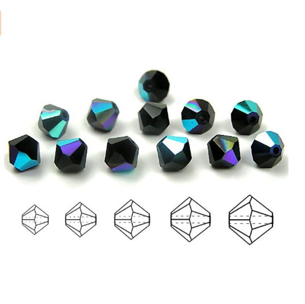 100pcs Preciosa Faceted Bicone Crystal Beads, Jet Black AB, Size Selections: 3mm/4mm/6mm