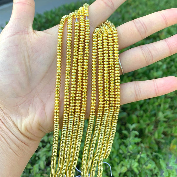 Grade A Natural Hematite Gemstone Rondelle Beads, Gold Plated, 2 Strands/380pcs Beads, 4x2mm/Small, Hole ID 1mm, GFC7-3