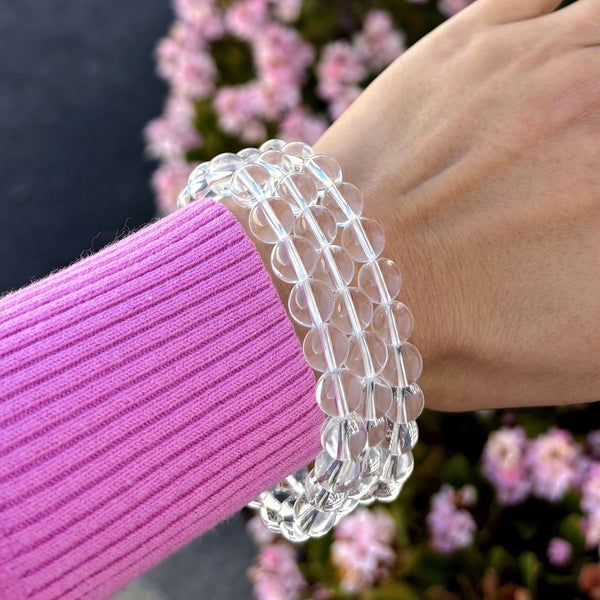 1 Strand Stretch Natural Grade A Clear Crystal White Quartz Beaded Gemstone Bracelet, 8mm Bead, Length Selections: 7 inch/7.5 inch/8 inch/8.5 inch