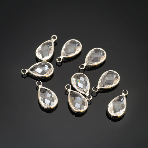 10pcs Grade A April Crystal Clear Teardrop Birthstone Charm Drop, Sterling Silver Plated Brass, Size Selections: 11x7mm, 14x8mm, 16x9mm