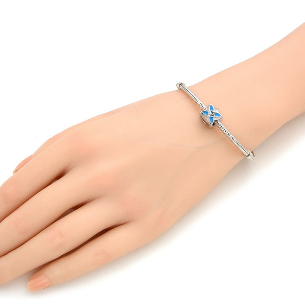 20pcs Sparkle Rhinestone Blue Enamel Flower Large Hole Beads, Hole ID 4.5mm, Antique Silver, Zinc Alloy Metal, MEC-E5