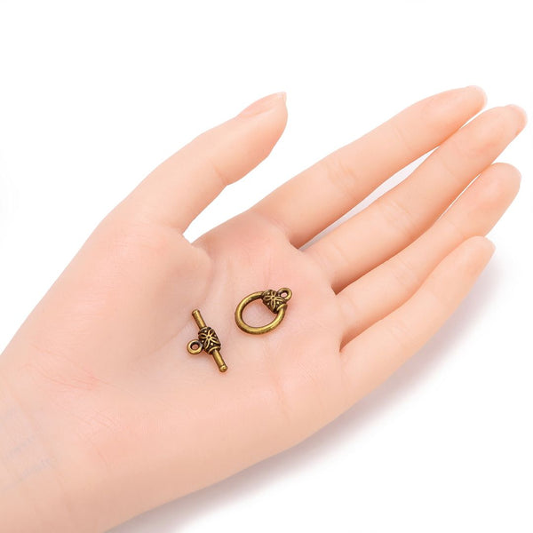 10 Sets Flower Round Toggle Clasps, T-Bar Closure, Antique Bronze Plated Brass, 15mm, CF183-4