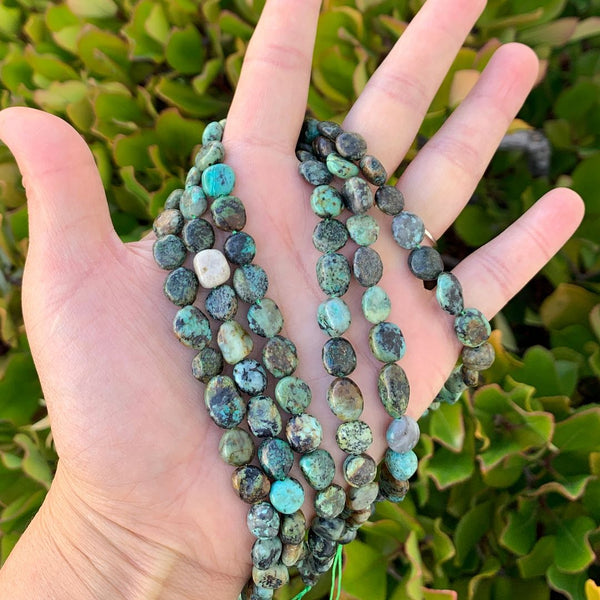 Natural African Turquoise Gemstone Oval Tumbled Pebble Beads, Irregular, 8mm to 10mm, Hole ID 1mm, 15 Inch/1 Strand, GZ12-82
