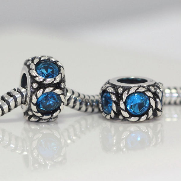 1pc Real 925 Sterling Silver March Birthstone Flower Round Charm Bead, Cubic Zirconia CZ Blue Aquamarine Gemstone, Compatible with Pandora all Other Charm Bracelets, EC1-N3