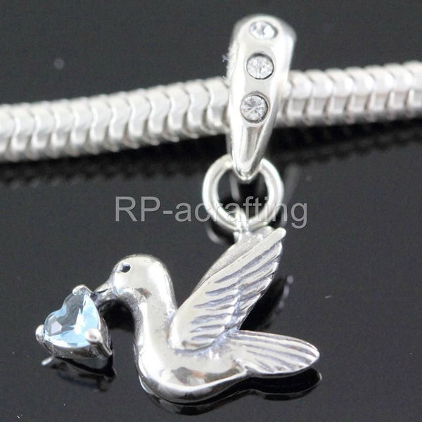 1pc 925 Sterling Silver Bird Charm, Freedom Lover March Birthstone Charm Drop, Blue Aquamarine Cubic Zirconia CZ, 20mm Long, Hole ID 4.5mm, EC1-D3