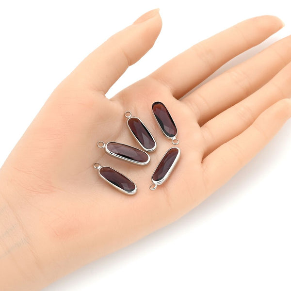 10pcs Grade A February Amethyst Purple Rectangle Bar Birthstone Charm Drops, Sterling Silver Plated Brass, 21x7mm, CCP8-S2