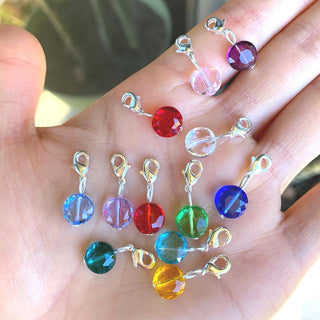 1 Set/12pcs Mixed Clip On Dangle Birthstone Charm Drops, 8mm Crystal Mini Round Beads, Sterling Silver Plated Clasp, BL13