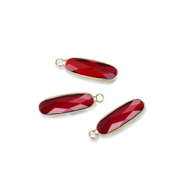 10pcs Grade A January Siam Red Rectangle Bar Birthstone Charm Drops, 18K Yellow Gold Plated Brass, 21x7mm, CCP8-G1