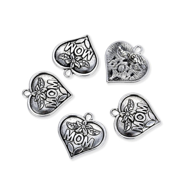 20pcs Best Mom Heart Charms, 31.2mm Large One Sided Heart Drop Pendants, Antique Silver, MC-D10