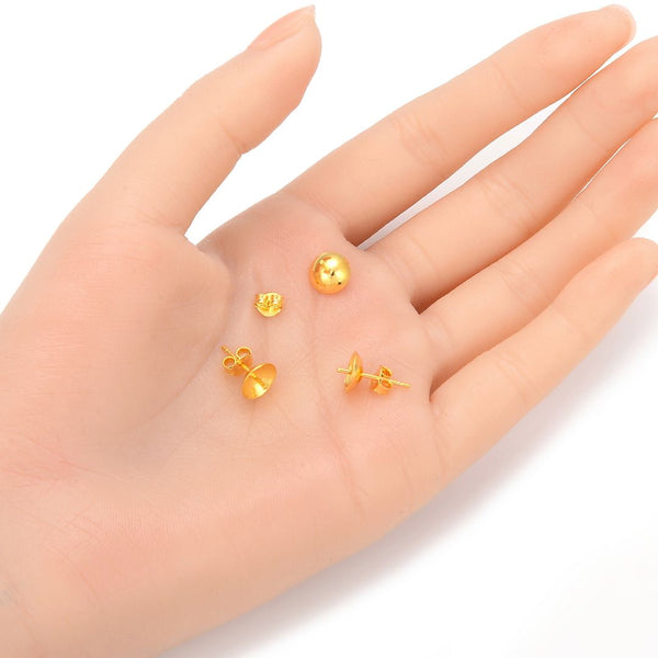 5 Pairs 925 Sterling Silver Earring Posts, Real 18K Yellow Gold Plated, Glue In Pearl Cup, 0.9mm/19 Gauge Pin, 10pcs Earring Backs, Cup Size Selections:3/4/6/8mm