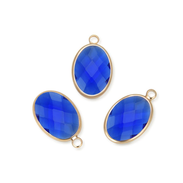 10pcs Grade A September Sapphire Blue Oval Birthstone Charm Drops, 18K Yellow Gold Plated Brass, 18x13mm, CCP6-G9