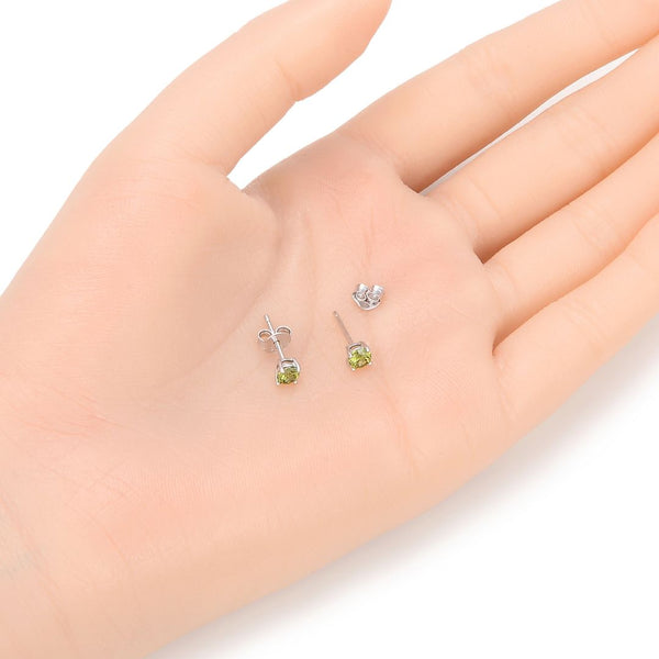 1 Pair 925 Sterling Silver August Green Birthstone Round Cut Stud Earrings, 4mm/0.25 Carat Small Tiny Cubic Zirconia CZ Peridot Stone, SSE78-8