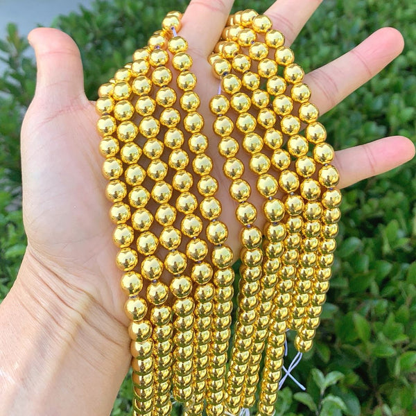Natural Hematite Gemstone Round Beads, Gold Plated, 15 Inch/1 Strand, Size Selections: 6mm/8mm/10mm