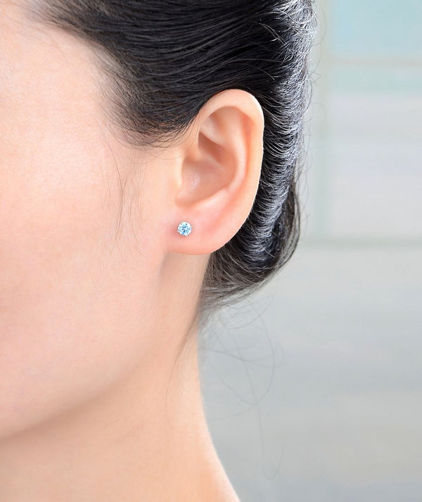 1 Pair 925 Sterling Silver December Birthstone Round Cut Stud Earrings, 4mm/0.25 Carat Small Tiny Cubic Zirconia CZ Blue Zircon Stone, SSE78-12