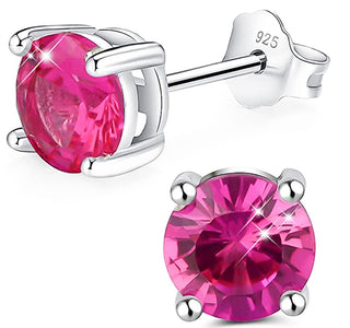 1 Pair 925 Sterling Silver July Birthstone Round Cut Stud Earrings, 6mm/0.84 Carat Cubic Zirconia CZ Red Ruby Stone, SSE48-7