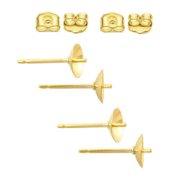 5 Pairs 925 Sterling Silver Earring Posts, 18K Yellow Gold Plated, Glue In Pearl Cup, 0.7mm/21 Gauge Pin, 10pcs Earring Backs, Cup Selections: 4mm/6mm/8mm